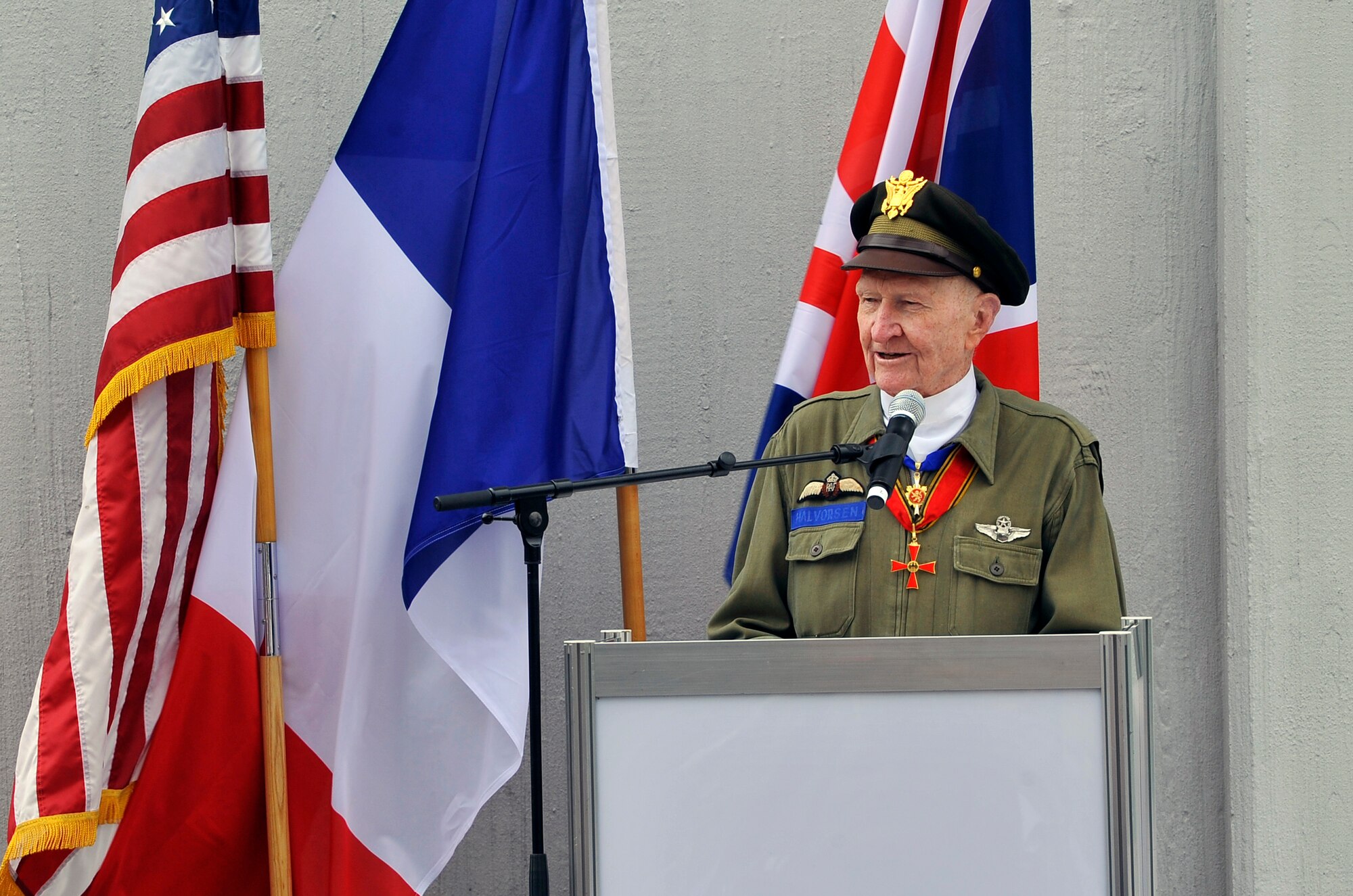 Retired Col. Gail Halvorsen, the “candy bomber” speaks during a ceremony commemorating the 65th anniversary of the beginning of the Berlin Airlift, June 26, 2013, Frankfurt, Germany. Halvorsen reminisced about the children he helped bring aid to when the supply routes to West Berlin were shut down in 1948. (U.S. Air Force photo/Airman 1st Class Trevor Rhynes)                                                                                                                          