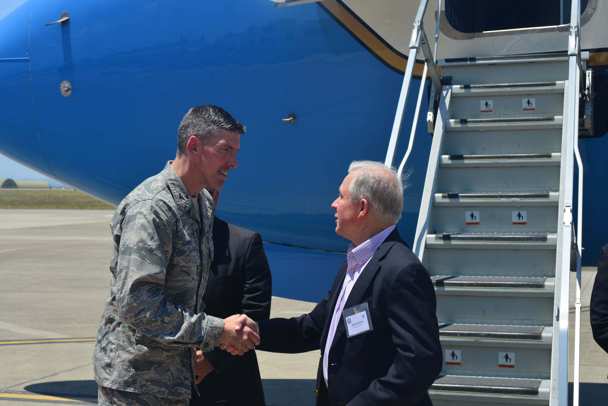 Col. Chris Craige, 39th Air Base Wing commander, greets Jeff Sessions, U.S. Senator for Alabama, during a two-day congressional visit June 1, 2013, at Incirlik Air Base, Turkey. Six U.S. senators visited the country of Turkey and ate breakfast with the Airmen at Incirlik AB. (U.S. Air Force photo/Staff Sgt. Eric Summers/Released)