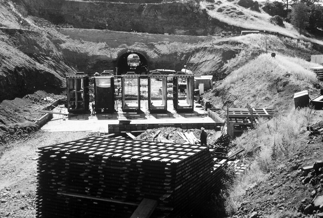 Forms are placed for the control gates during construction of Black Butte Dam in the early '60s.