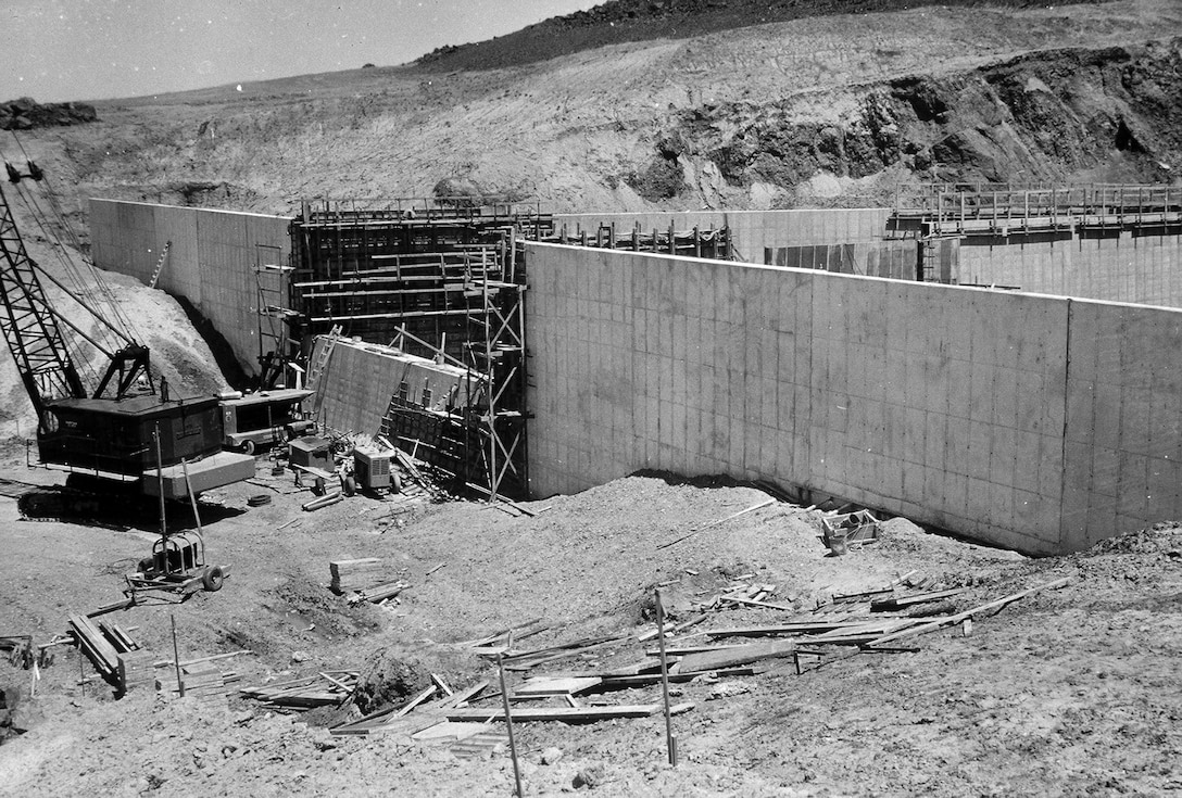 Compare the size of the construction crane to the walls of Black Butte Dam, here under construction in the early '60s.