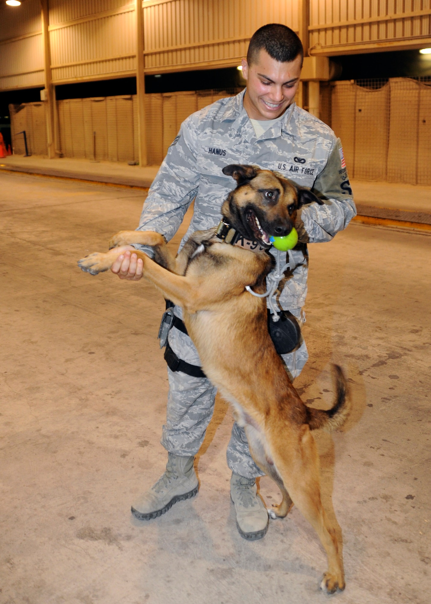 Senior Airman Andrew Hanus rewards Beni after performing vehicle checks at the 379th Air Expeditionary Wing in Southwest Asia, July 2, 2013. Hanus explained maintaining a good relationship with his MWD is essential to mission success. Hanus is a 379th Expeditionary Security Forces Squadron military working dog handler and Beni is a 379th ESFS MWD both deployed from Travis Air Force Base, Calif. (U.S. Air Force photo/Senior Airman Bahja J. Jones) 