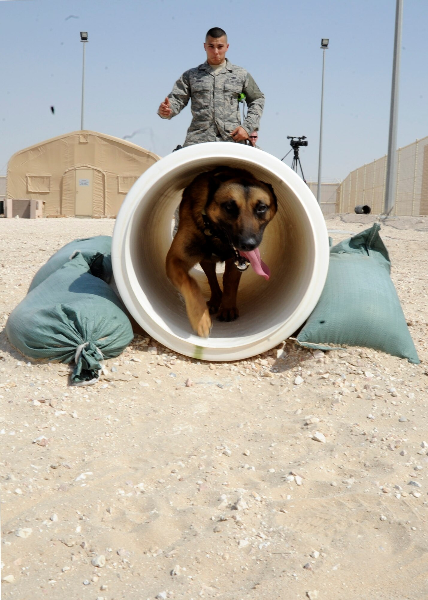 Military working dog, Beni, runs through a tunnel under the instruction of Senior Airman Andrew Hanus at the 379th Air Expeditionary Wing in Southwest Asia, June 26, 2013. Military working dogs serve as a psychological deterrent and are trained to attack on command. Hanus is a 379th Expeditionary Security Forces Squadron military working dog handler and Beni is a 379th ESFS MWD both deployed from Travis Air Force Base, Calif. (U.S. Air Force photo/Senior Airman Bahja J. Jones) 
