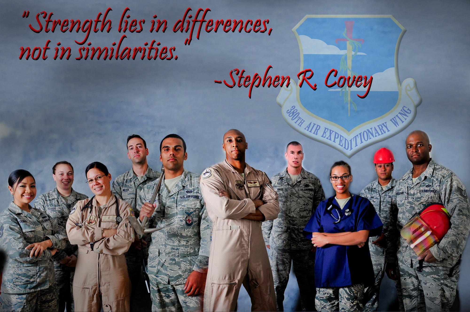 Airmen from the 380th Air Expeditionary Wing, stand with their fellow Airmen from a variety of career fields and ranks. The diversity of the 380th AEW shows that even though members come from all corners of the earth, with different backgrounds, origins and cultures, they can still come together and complete the mission. (U.S. Air Force photo illustration by Staff Sgt. Joshua J. Garcia)  