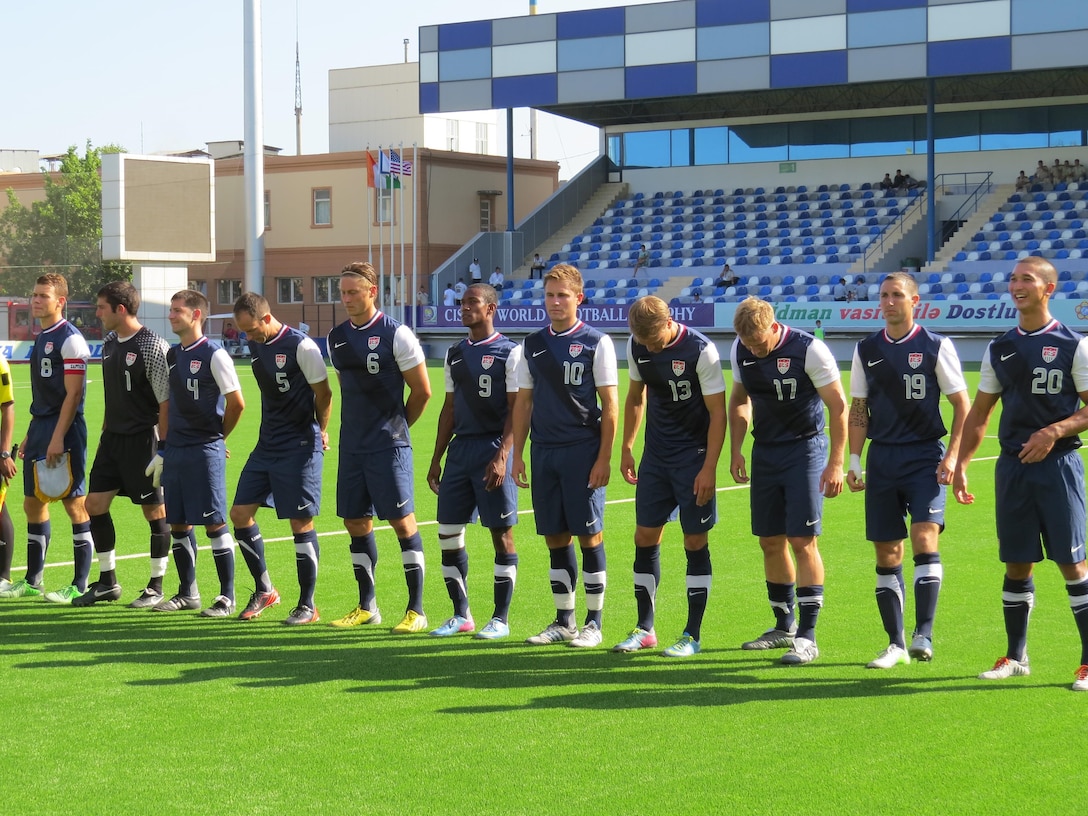 Team USA Line up to beging their opening match vx. Ivory Coast on 2 July during the CISM World Football Trophy hosted in Baku, Azerbaijan from 30 June to 16 July.