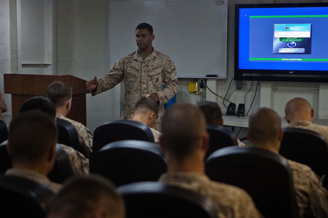 Lance Cpl. Mychael A. Bushking, a mortarman with Company G., Battalion Landing Team 2nd Battalion, 4th Marines, 31st Marine Expeditionary Unit, and native of Flora, Ill., gives a class about mortar emplacements in support of advancing units here, June 29. The Marines and Sailors of the 31st MEU are constantly engaged in training, education and gear maintenance while embarked aboard the ship, taking advantage of their time at sea. The 31st MEU is the only continuously forward-deployed MEU and is the Marine Corps’ force in readiness in the Asia-Pacific region.