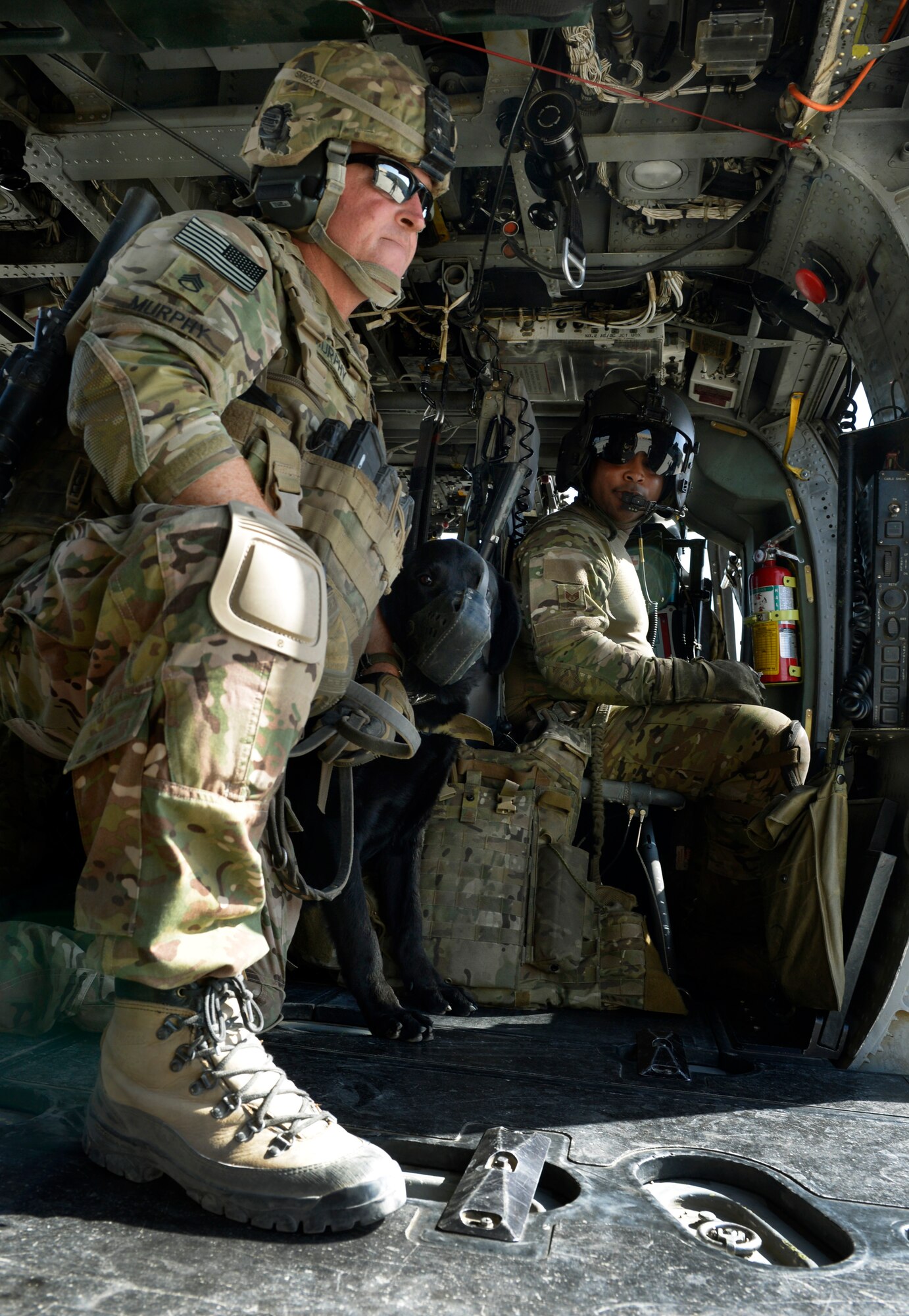 An Air Force pararescueman and Army tactical explosive detection dog handler escort a dog on and off a HH-60G Pave Hawk helicopter during training at Bagram Airfield, Afghanistan, June 21. Each dog and handler team took turns bringing the dogs near the helicopters to get them familiar with the sound prior to hoisting them. This is the first time both branches have participated in this kind of training here. (U.S. Air Force photo/ Staff Sgt. Stephenie Wade)
