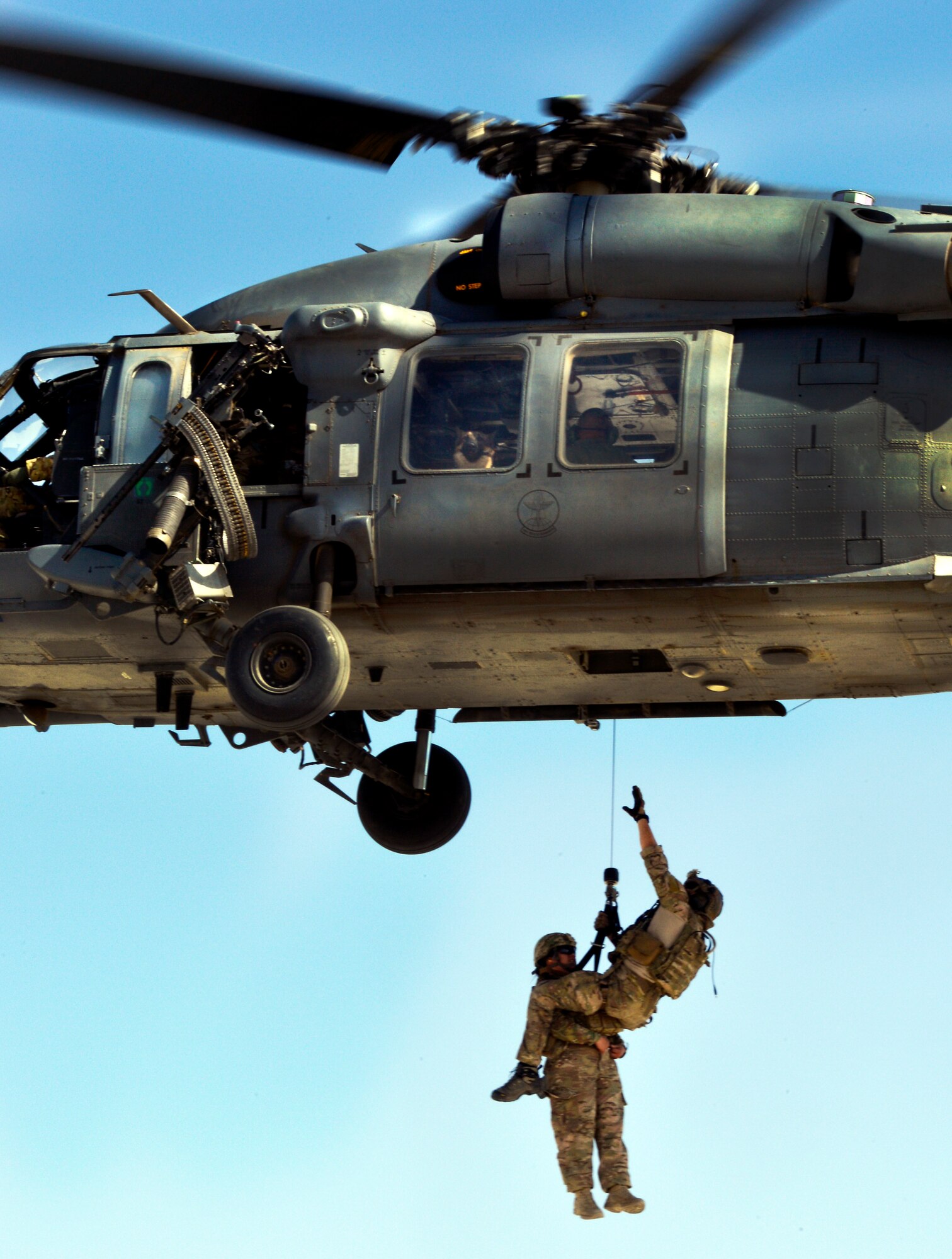 More than 15 U.S. Army tactical explosive detection dogs and their handlers participate in rescue training with pararescueman assigned to the 83rd Expeditionary Rescue Squadron at Bagram Airfield, Afghanistan, June 21.  Each dog and handler duo was hoisted into a HH-60G Pave Hawk helicopter during joint training held for the first time here. (U.S. Air Force photo/ Staff Sgt. Stephenie Wade)