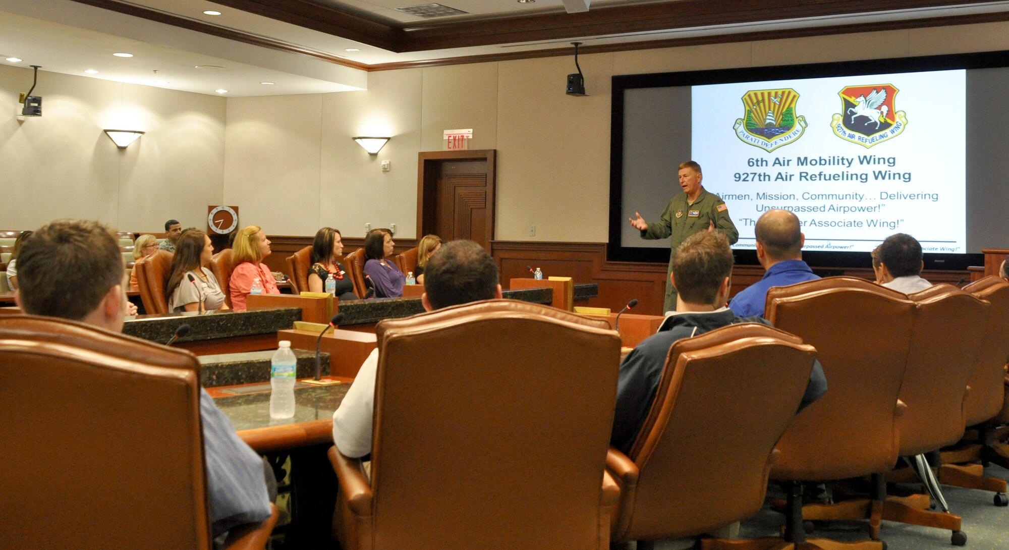 MACDILL AIR FORCE BASE, Fla. -- Colonel Doug Schwartz, commander 927th Air Refueling Wing welcomes members of Leadership Tampa Bay to MacDill Air Force Base on June 6, 2013.  The tour strengthened bonds with 44 Tampa Bay community leaders.  (U.S. Air Force photo/Maj. Christine Stanaback)