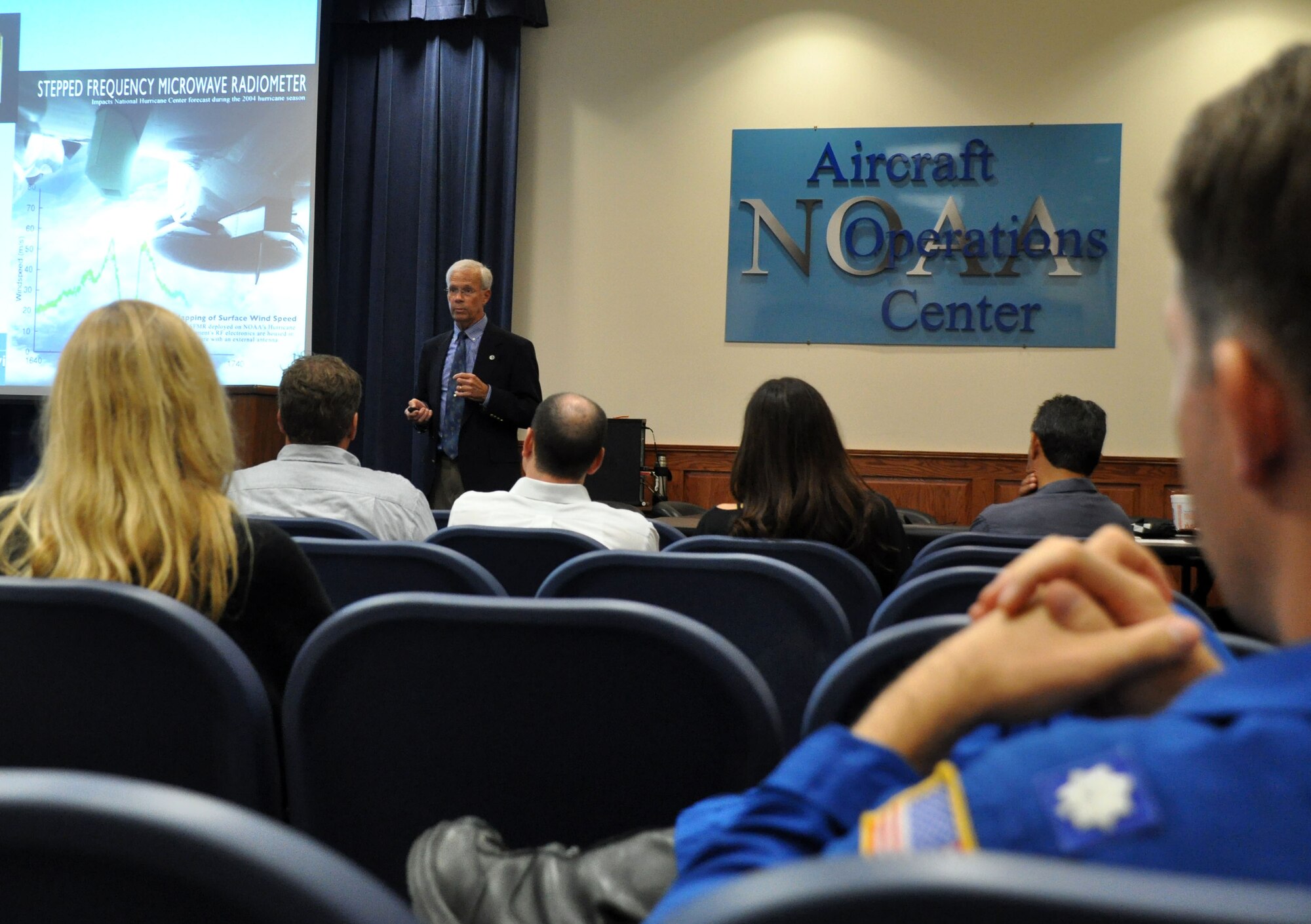 MACDILL AIR FORCE BASE, Fla. – Jack Parrish, National Oceanic and Atmospheric Administration project manager and flight meteorologist of the aircraft operations center here, describes NOAA’s efforts in fisheries, oceans, and their most notable mission as hurricane hunters to members of Leadership Tampa Bay.  The tour featured briefs from multiple agencies aboard MacDill AFB. (U.S. Air Force photo/Maj. Christine Stanaback)