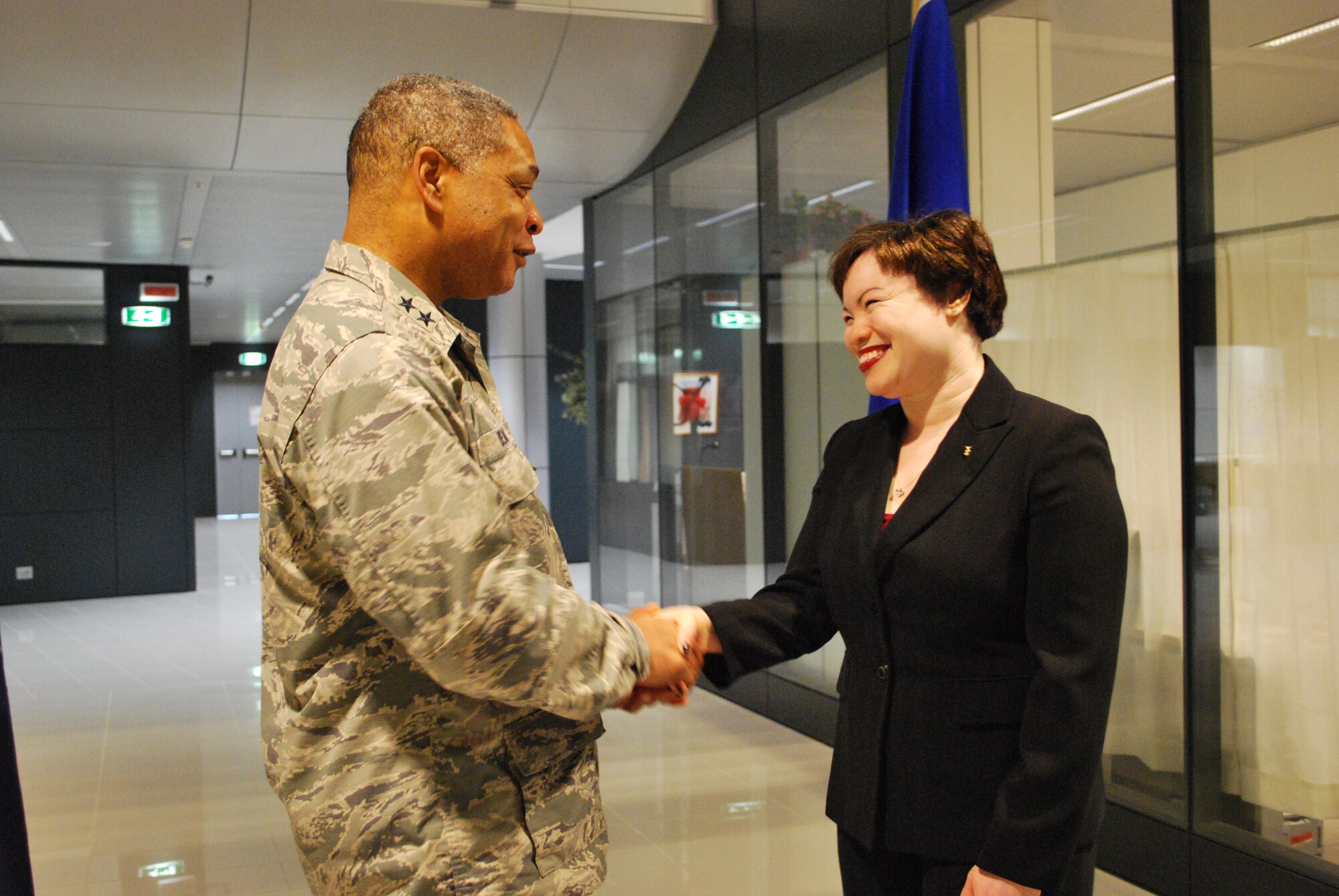 Maj. Gen. Garry Dean, Sonya Cage and Maj. Ernest Cage pose for a photo at JFC Naples on Jan. 11, 2013. For her work in the Naples military community, Sonya was awarded Air Force Spouse of the Year by the Air Force Association. (Courtesy Photo)