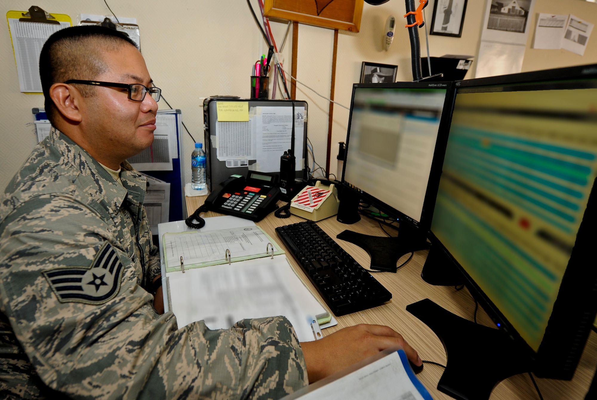 Staff Sgt. Ryan Metz inputs data on the Global Decision Support System as part of the 8th Expeditionary Air Mobility Squadron Air Mobility Command Center's mission responsibilities at the 379th Air Expeditionary Wing in Southwest Asia, July 2, 2013. The GDSS is a U.S. Transportation Command-funded system providing combatant commanders Mobility Air Forces Command and Control information for the Defense Transportation System. Metz is the 8th EAMS training NCO in charge deployed from Joint Base Lewis-McChord, Wash. (U.S. Air Force photo/Senior Airman Benjamin Stratton)