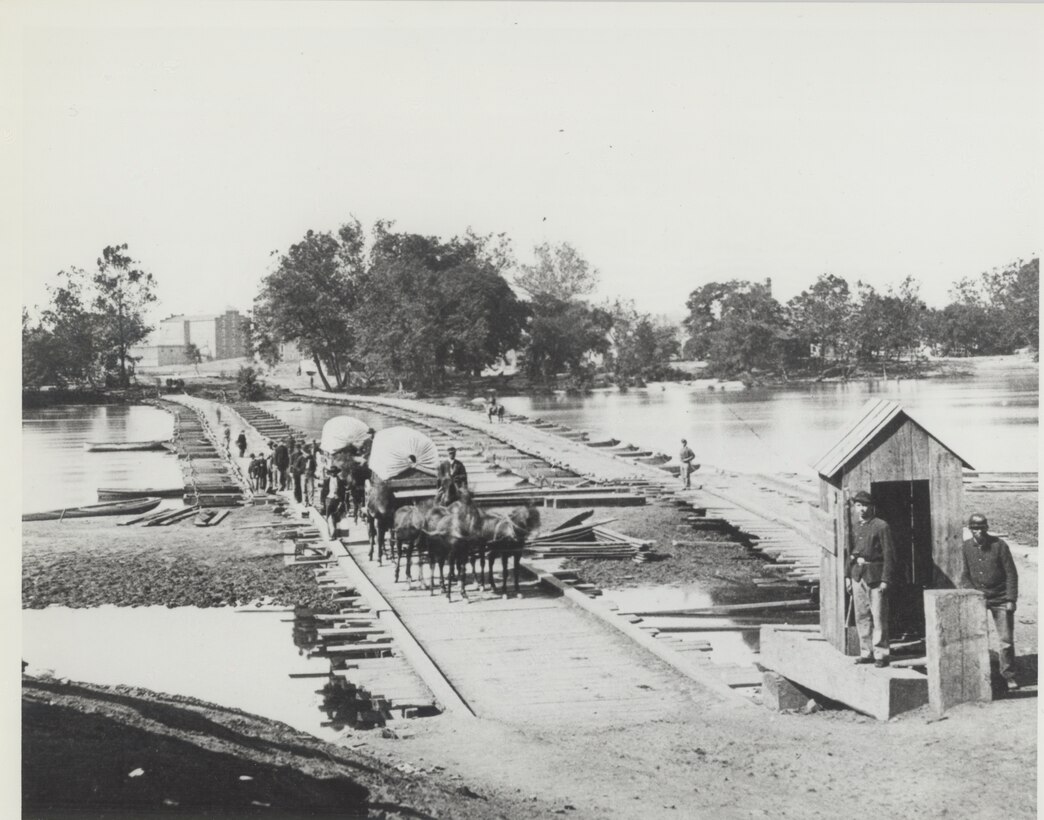 Engineer ponton bridges across the James River, near Richmond, VA, ca. 1865.