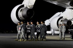 A U.S. Army carry team transfers the remains of Pvt. Errol D. A. Milliard of Birmingham, Ala., at Dover Air Force Base, Del., July 6, 2013. Milliard was assigned to the 2nd Engineer Battalion, 36th Engineer Brigade, White Sands Missile Range, N.M. (U.S. Air Force photo/David Tucker)