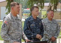 Lt. Gen. Guy Swan III (left), commanding general of U.S. Army North and Fort Sam Houston, along with Adm. James Winnefeld Jr., commander of North American Aerospace Defense Command and U.S. Northern Command, and Brig. Gen. Clif Tooley, commander of Camp Atterbury and Muscatatuck Center for Complex Operations, answer questions during a press conference July 16 during the Vibrant Response 10.2 field training exercise at the Muscatatuck Urban Training Center in Butlerville, Ind. Vibrant Response is a national emergency response exercise involving more than 3,500 personnel participating in a scenario in which a nuclear weapon detonates in a major U.S. city. The exercise is facilitated by U.S. Army North's Joint Task Force – 51, headquartered in San Antonio. 

