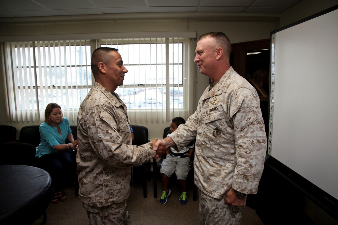 130701-M-YG378-019 MARINE CORPS BASE CAMP PENDLETON, Calif. (July 1, 2013) Newly promoted Lt. Col. Raul Rizzo, senior intelligence officer, 15th Marine Expeditionary Unit, shakes hands with Col. Scott D. Campbell, the unit’s former commanding officer during his promotion ceremony held in the unit’s conference room on Marine Corps Base Camp Pendleton, Calif., July 1. The 15th MEU recently returned from an eight-month deployment to the Western Pacific. Rizzo, 41, is from Myrtle Beach, S.C. (U.S. Marine Corps photo by Sgt. John Robbart III/Released)