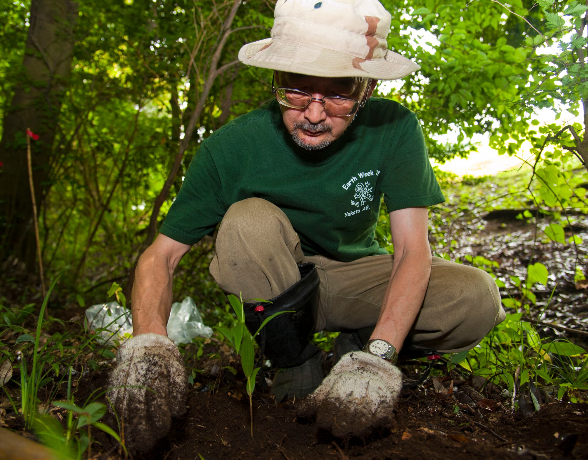TAMA, Japan – Yoshitaka Yamaguchi, an environmental engineer with the 374th Civil Engineer Squadron, finishes planting a Golden Orchid at the Tama Hills recreation area, Japan, June 17, 2013.  The plants had to be relocated from Fussa City in order to preserve them, due to their requirement for shade.  (U.S. Air Force photo by Airman 1st Class Soo C. Kim)