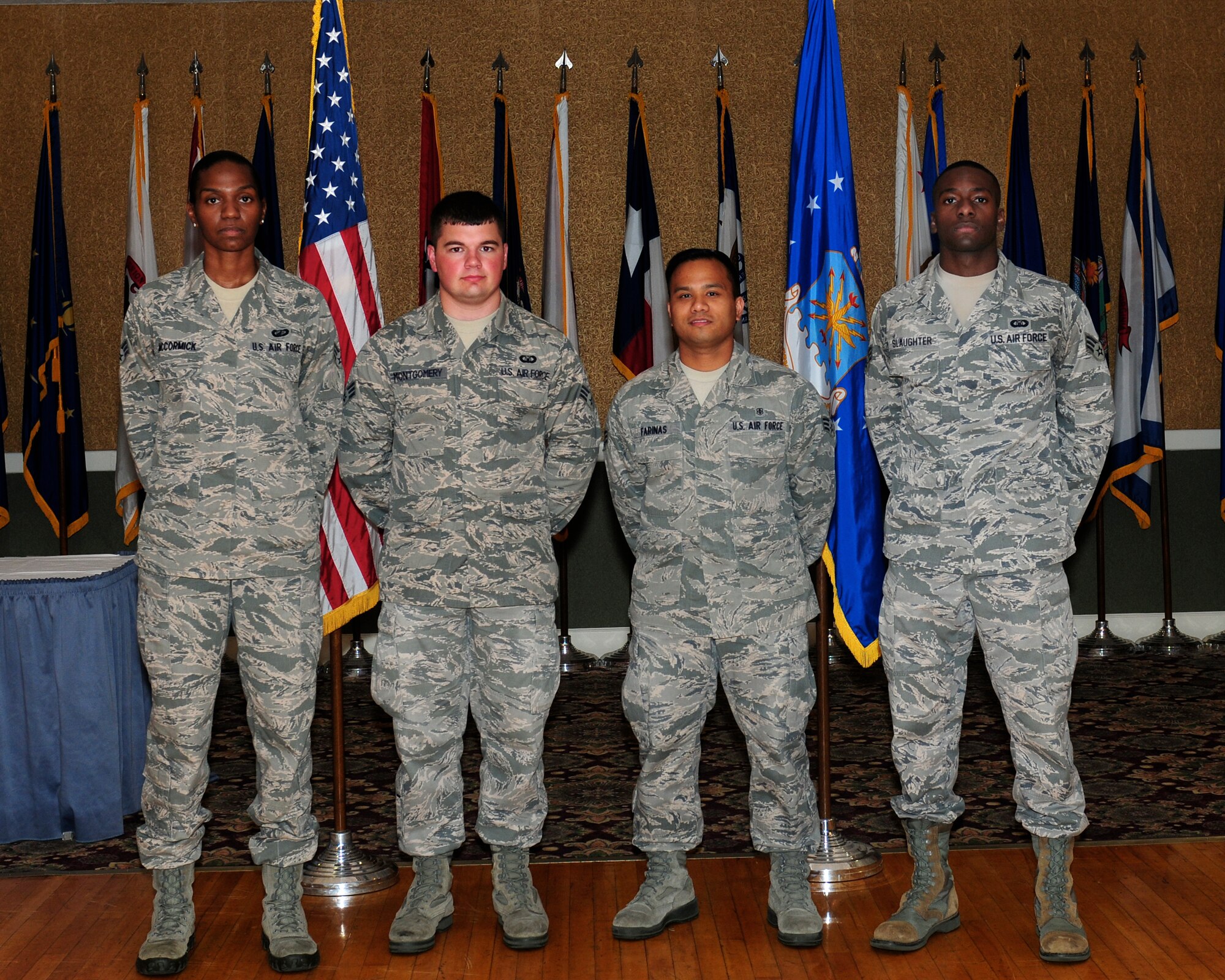 An Enlisted Promotions ceremony was held June 27 at the Columbus Club. Recently promoted at the ceremony were (left to right) Senior Airman Diarra McCormick, 14th Comptroller Squadron, Senior Airman Chase Montgomery, 14th Operations Support Squadron, Senior Airman Nathaniel Farinas, 14th Medical Operations Squadron, and Senior Airman Omari Slaughter, 14th Operations Support Squadron.
(U.S. Air Force Photo/ Melissa Doublin)
