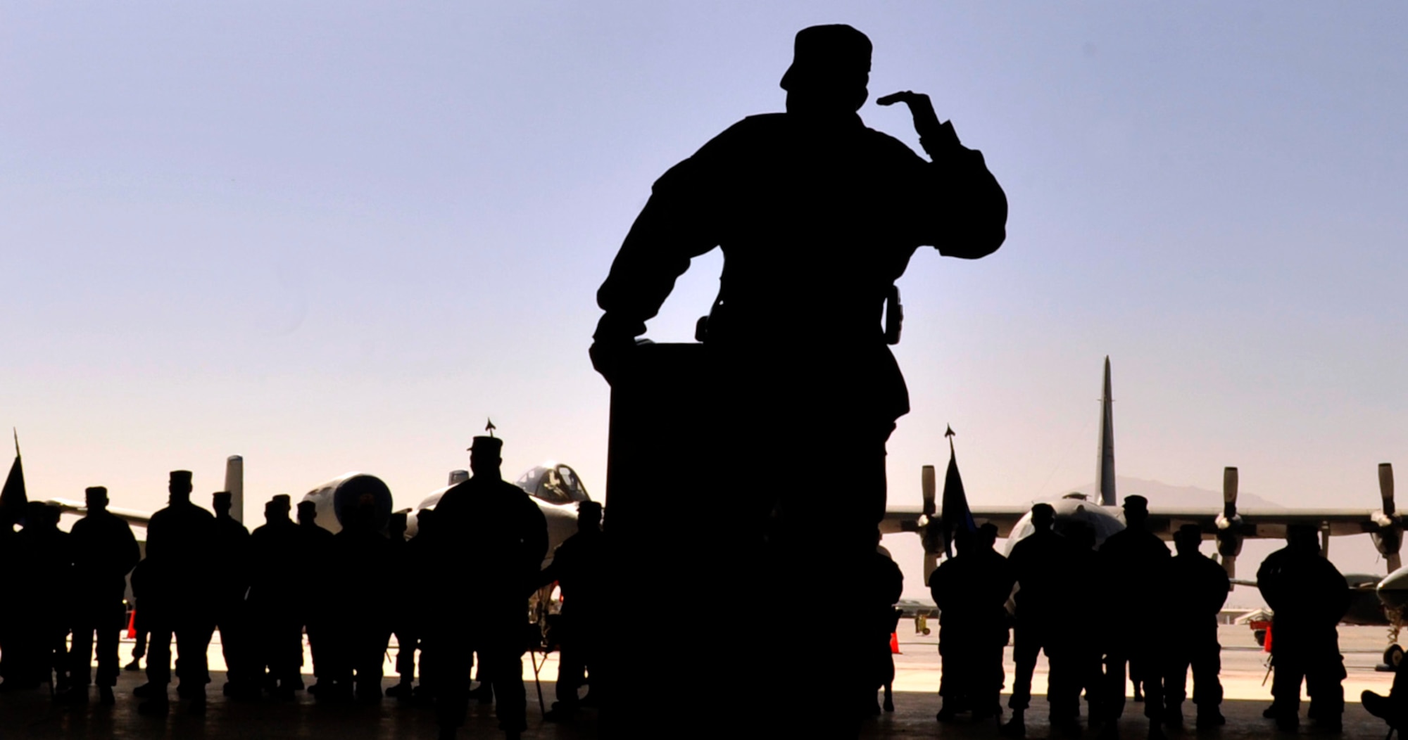 Brig. Gen. Joseph T. Guastella, outgoing 455th Air Expeditionary Wing commander, addresses 455th AEW service members during a change of command ceremony at Bagram Airfield, Afghanistan, July 8. (U.S. Air Force photo/Staff Sgt. Stephenie Wade)