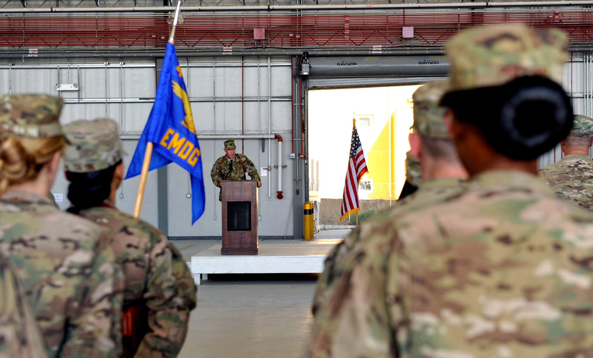 Brig. Gen. Patrick C. Malackowski, 455th Air Expeditionary Wing commander, addresses 455th AEW service members during a change of command ceremony at Bagram Airfield, Afghanistan, July 8. (U.S. Air Force photo/Staff Sgt. Stephenie Wade)