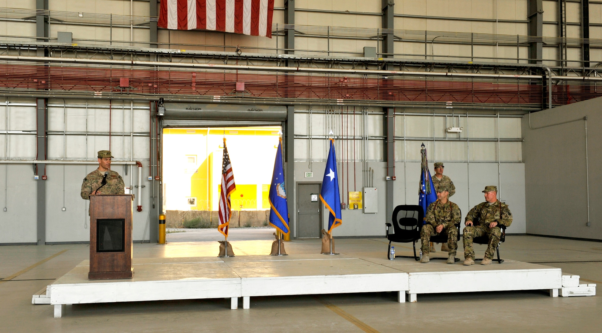 Maj. Gen. Kenneth S. Wilsbach, commander, 9th Air and Space Expeditionary Task Force – Afghanistan and deputy chief of staff Air, International Security Assistance Force Joint Command, addresses 455th Air Expeditionary Wing service members during a change of command ceremony at Bagram Airfield, Afghanistan, July 8. (U.S. Air Force photo/Staff Sgt. Stephenie Wade)