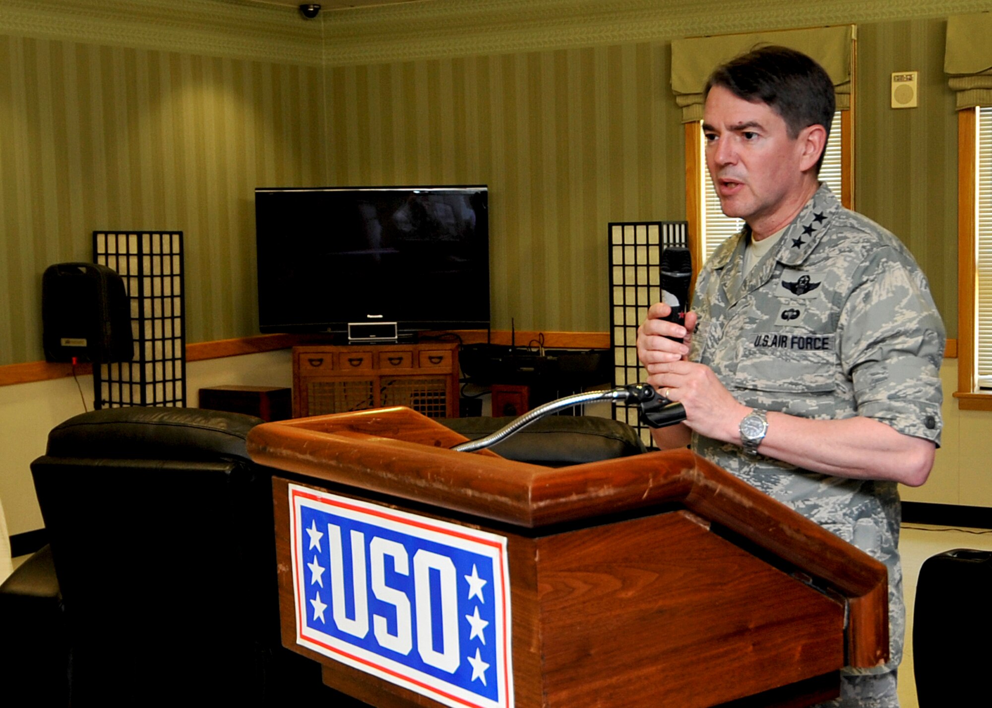 Lt. Gen. Jan-Marc Jouas, 7th Air Force commander, speaks during the United Services Organization’s grand opening at Osan Air Base, Republic of Korea, July 3, 2013. The Osan USO is a private, nonprofit organization which supports the military through many endeavors, such as providing helpful services for military members when they travel to the base. (U.S. Air Force photo/Staff Sgt. Emerson Nunez)