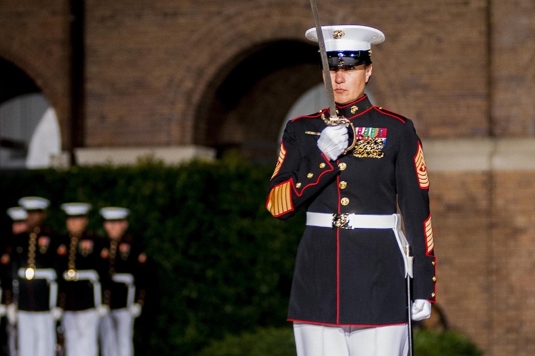Sgt. Maj. Angela Maness, Marine Barracks Washington, D.C. sergeant major, performs during a Friday Evening Parade at the Barracks, July, 5. (Official Marine Corps photo by Lance Cpl. Dan Hosack/Released)