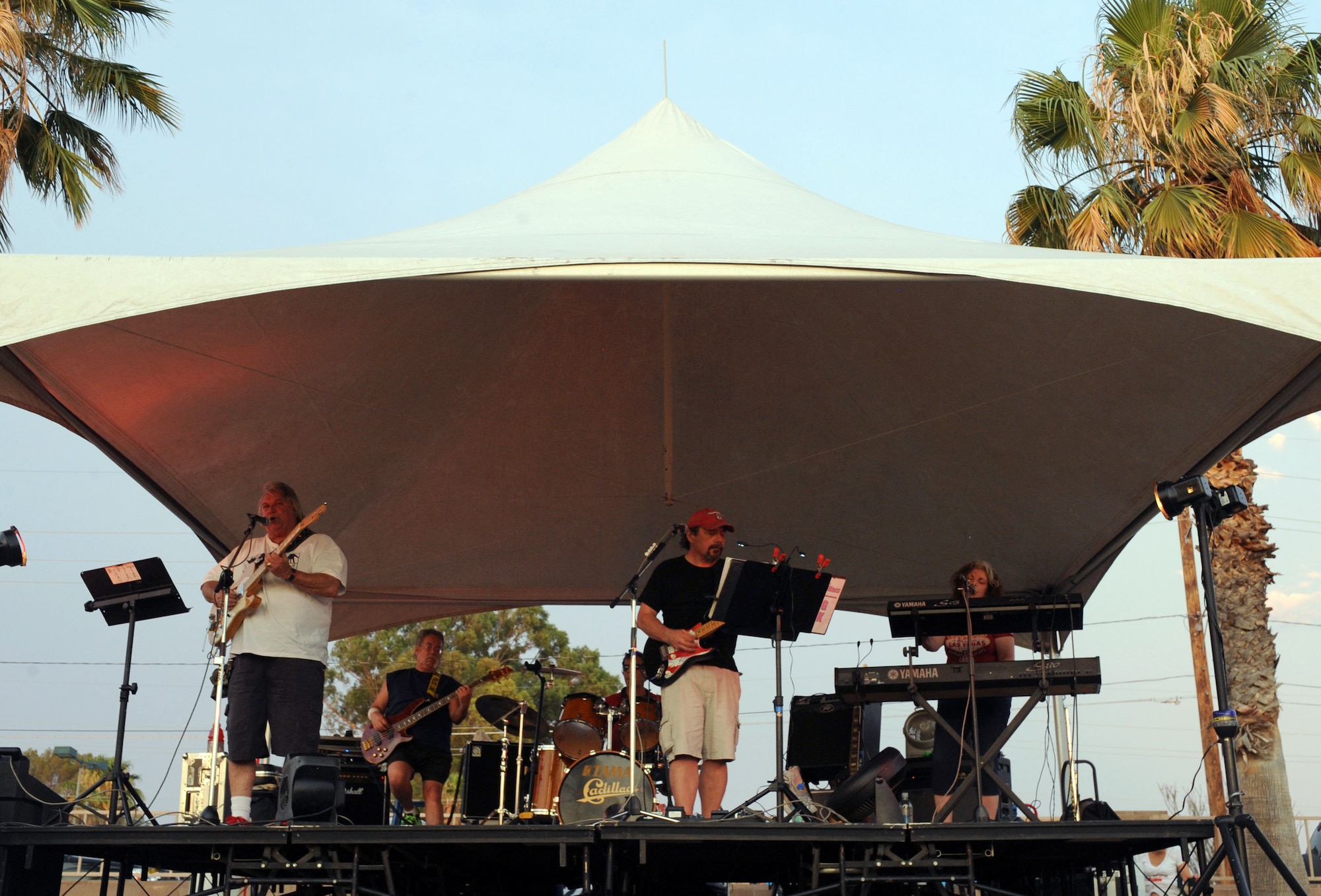 The Desert Cadillac Band plays a song at the Independence Day Celebration at Davis-Monthan Air Force Base, Ariz., July 4, 2013. The band covers rock songs and has been playing since 1984. (U.S. Air Force photo by Senior Airman Timothy Moore/Released)