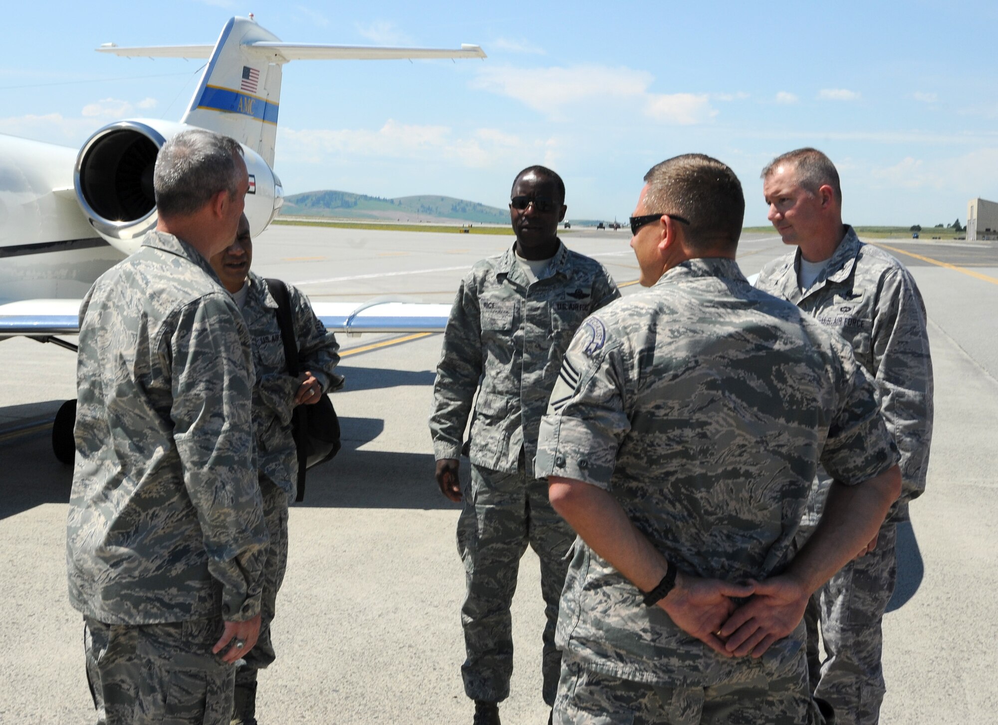 Gen. Edward Rice, commander of the Air Education and Training Command, speaks with Fairchild base leadership upon his arrival Monday, July 1, 2013.  The general was at Fairchild to tour Survival, Evasion, Resistance and Escape facilities.  (U.S. Air Force photo by Airman 1st Class Sam Fogleman/Released)