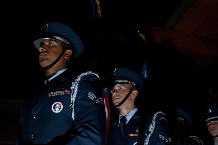 Members of the Nellis Air Force Base Honor Guard stand in formation prior to the presentation of the colors during an Independence Day celebration July 4, 2013, at the Las Vegas Country Club. During the celebration, guests were treated to food, patriotic music and a fireworks display. (U.S. Air Force photo by Airman 1st Class Joshua Kleinholz) 