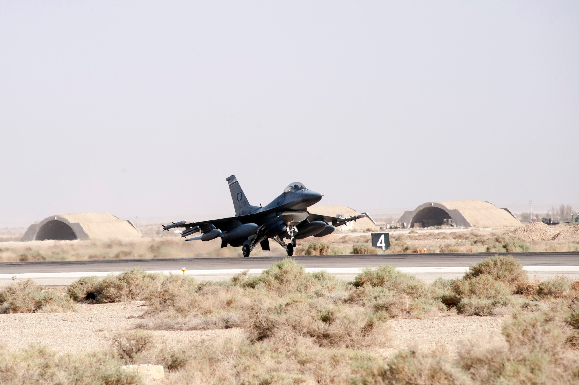 An F-16 Fighting Falcon from the Colorado Air National Guard arrives at a training base in Northern Jordan as part of the Eager Lion exercise. Eager Lion is a U.S. Central Command-directed, irregular warfare-themed exercise focusing on missions the United States and its coalition partners might perform in support of global contingency operations. (U.S. Air National Guard photo by Senior Master Sgt. John P. Rohrer)