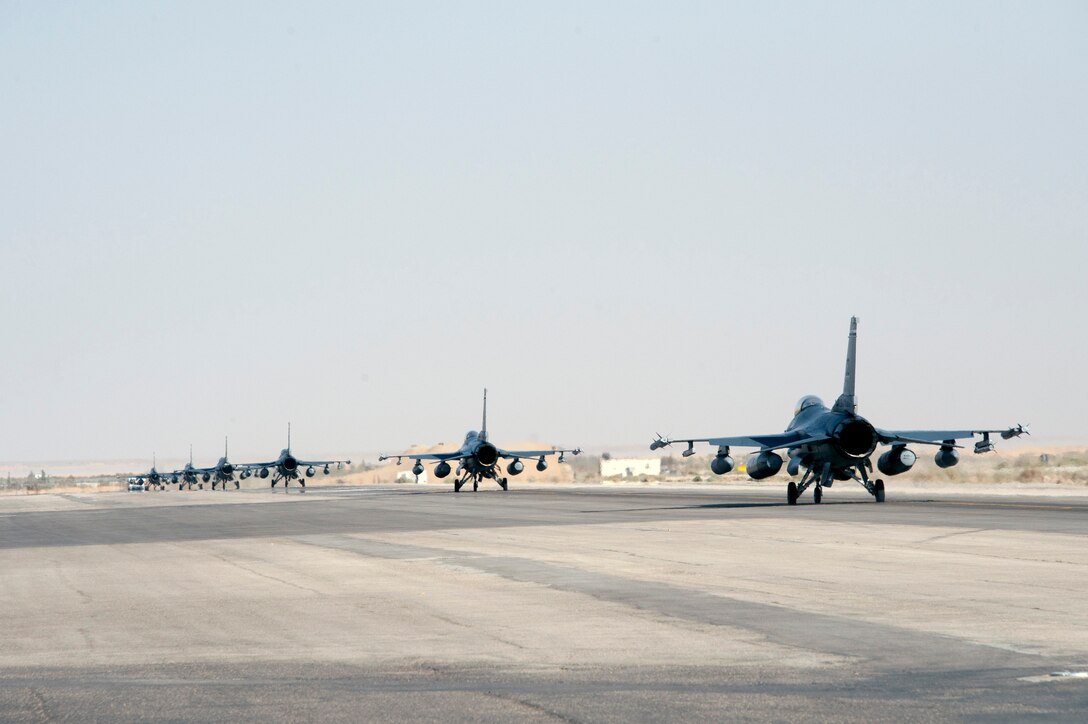 F-16 Fighting Falcons from the Colorado Air National Guard arrives at a training base in Northern Jordan as part of the Eager Lion exercise. Eager Lion is a U.S. Central Command-directed, irregular warfare-themed exercise focusing on missions the United States and its coalition partners might perform in support of global contingency operations. (U.S. Air National Guard photo by Senior Master Sgt. John P. Rohrer)