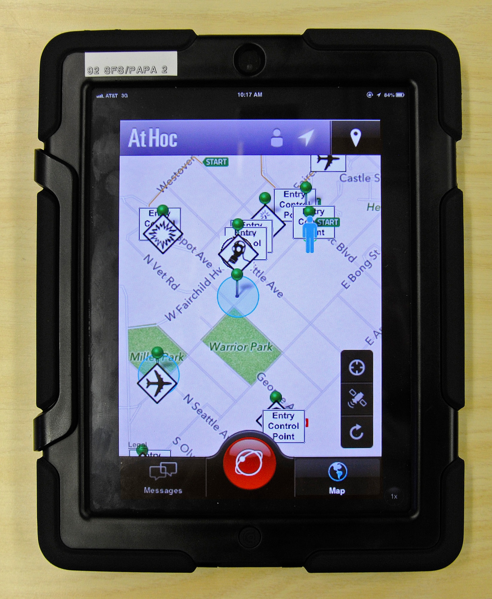 Pictured is a view of the display on the iPad that Fairchild’s emergency services will be working with at Fairchild Air Force Base, Wash., July 3 2013. Places of interest can be pinpointed on the map and the responders will be able to see this on their device.  (U.S. Air Force photo by Airman 1st Class Ryan Zeski/Released)