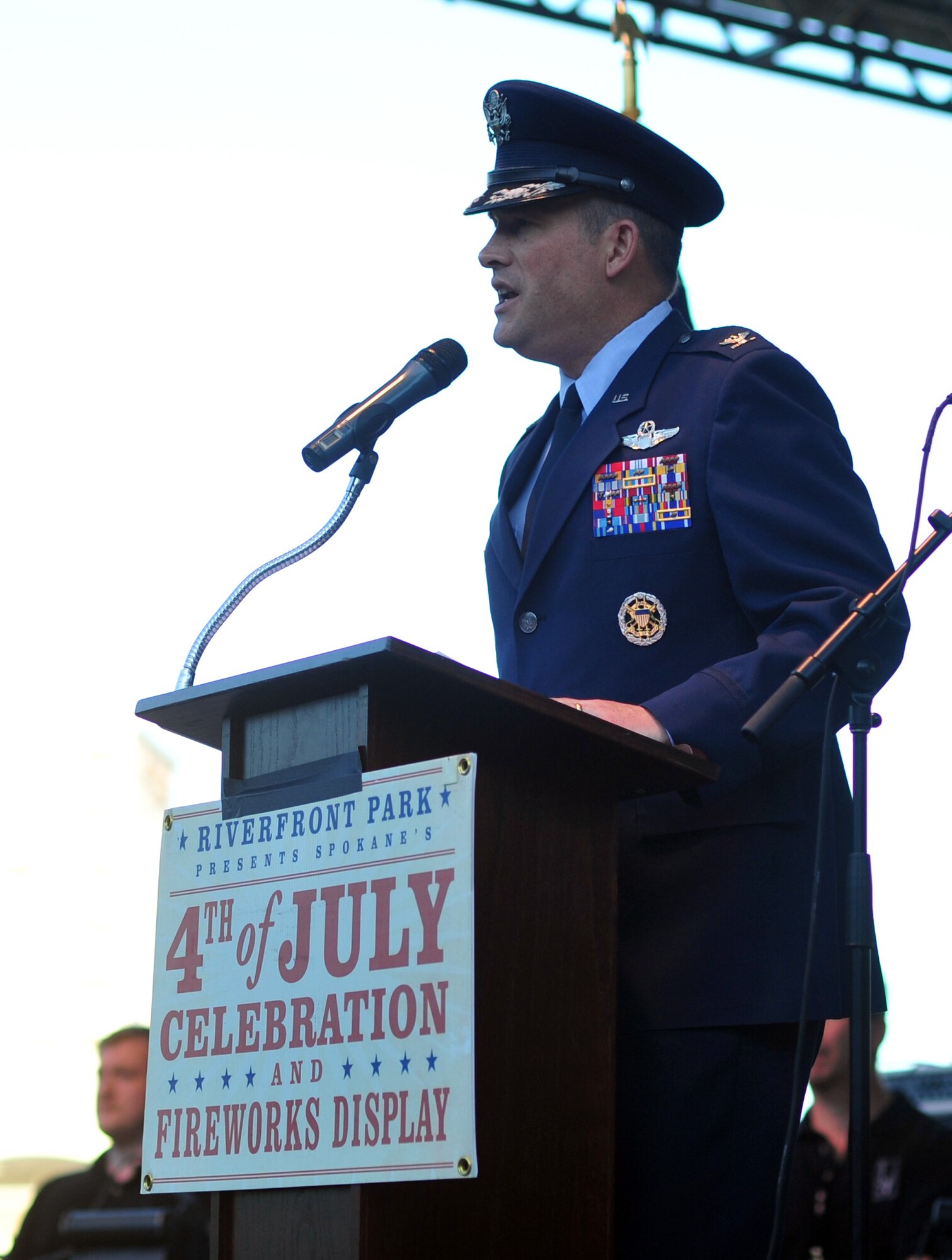 Col. Brian Newberry, 92nd Air Refueling Wing commander, gives a speech during the welcoming ceremony at the 4th of July Celebration in downtown Spokane, Wash. (U.S. Air Force photo by Senior Airman Taylor Curry)