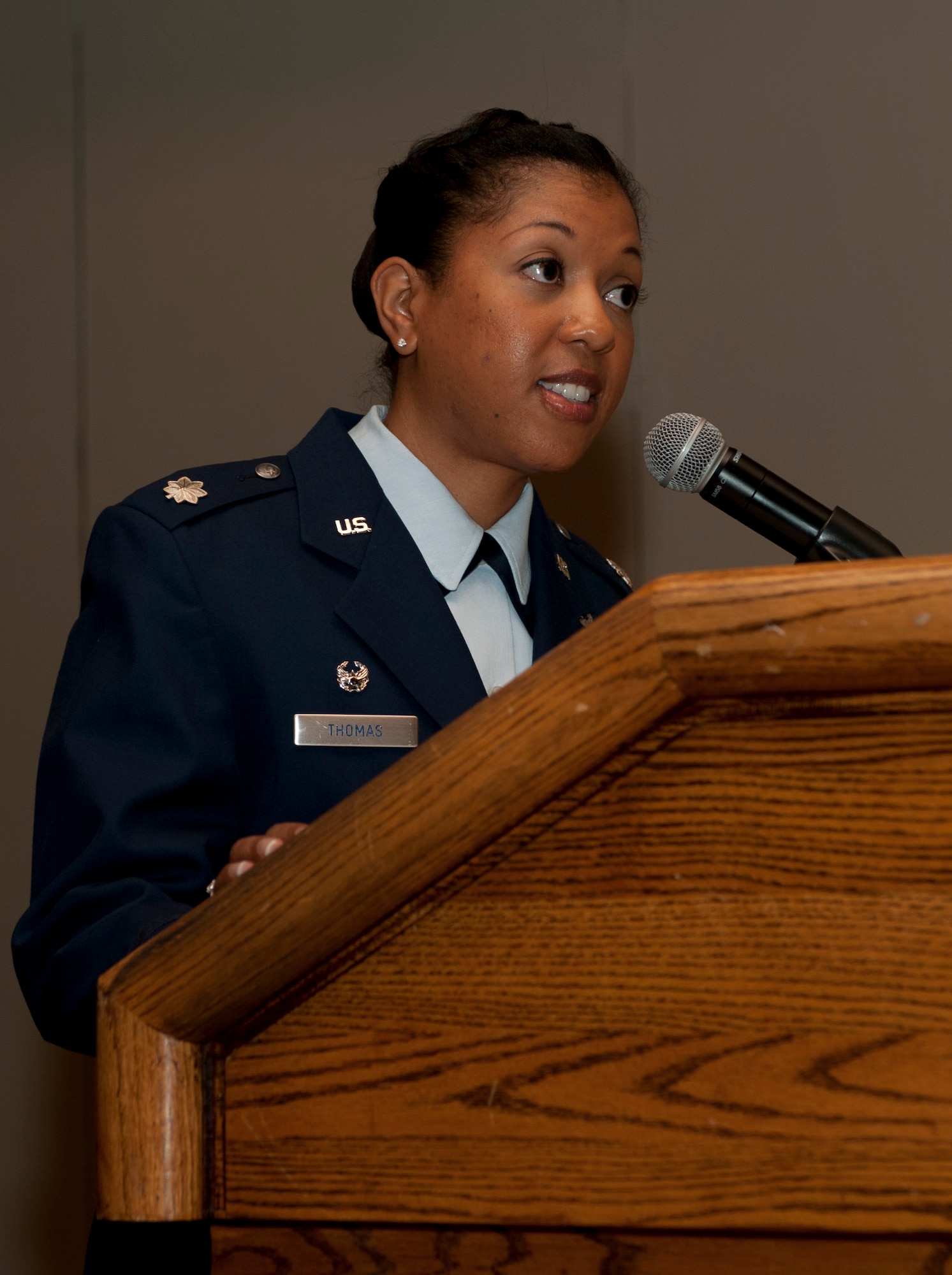 U.S. Air Force Lt. Col. Diltrice Thomas, 366th Force Support Squadron commander, speaks during the 366th FSS change of command ceremony at the Gunfighter Club Ballroom, Mountain Home Air Force Base, Idaho, July 8, 2013. Lt. Col. Diltrice Thomas assumed command from Lt. Col. Kenneth Dewlen. (U.S. Air Force photo by Staff Sgt. Roy Lynch/Released)