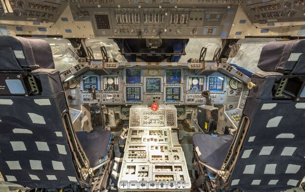 This screenshot shows the flight deck overview inside the Crew Compartment Trainer on the National Museum of the U.S. Air Force's Virtual Tour website. (U.S. Air Force image)