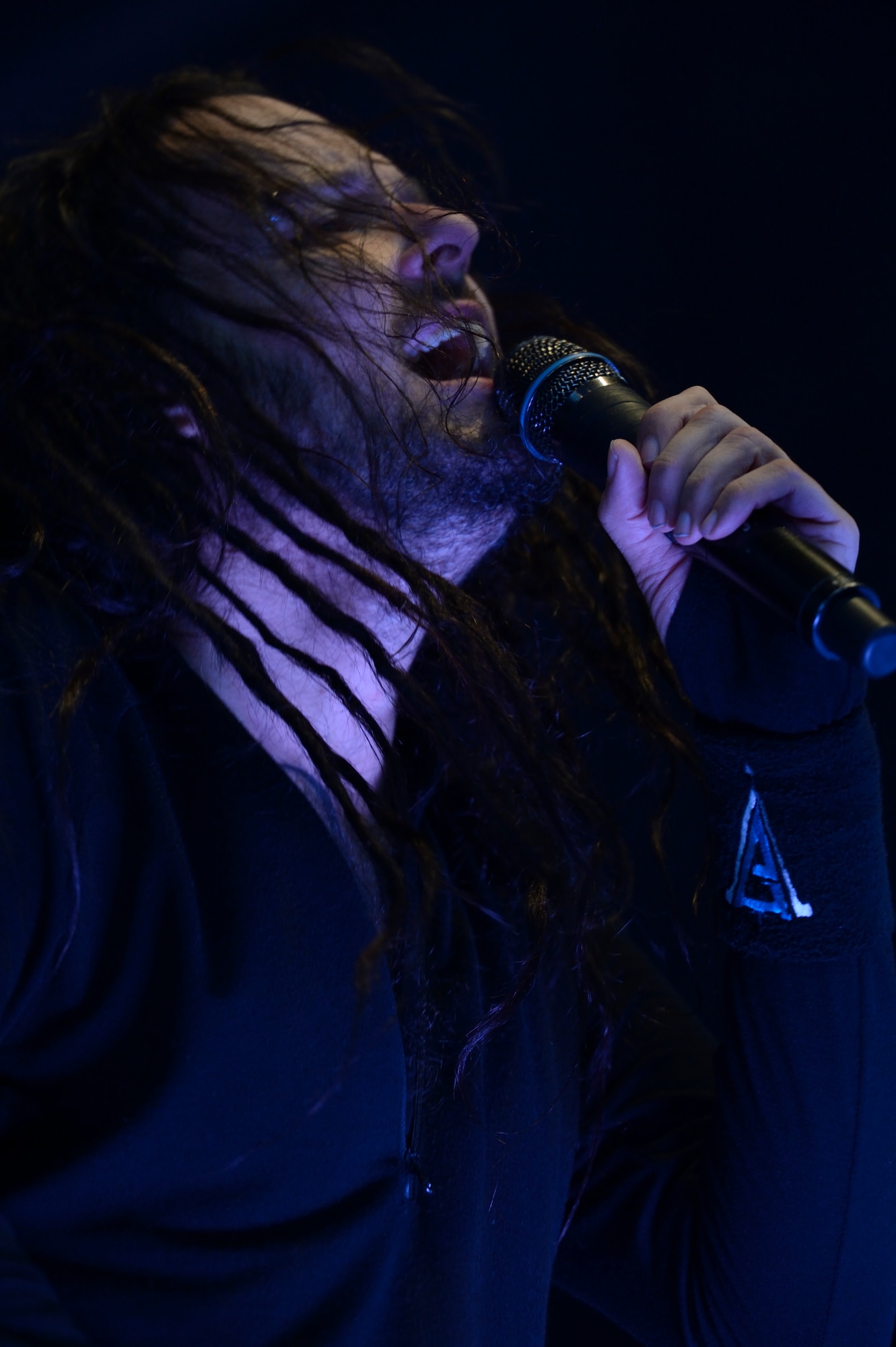 SPANGDAHLEM AIR BASE, Germany – Jonathan Davis, lead singer for the headlining band Korn, sings during a performance July 3, 2013. The bands Love and Death and Korn played a free concert for the Air Force community. (U.S. Air Force photo by Staff Sgt. Christopher Ruano)