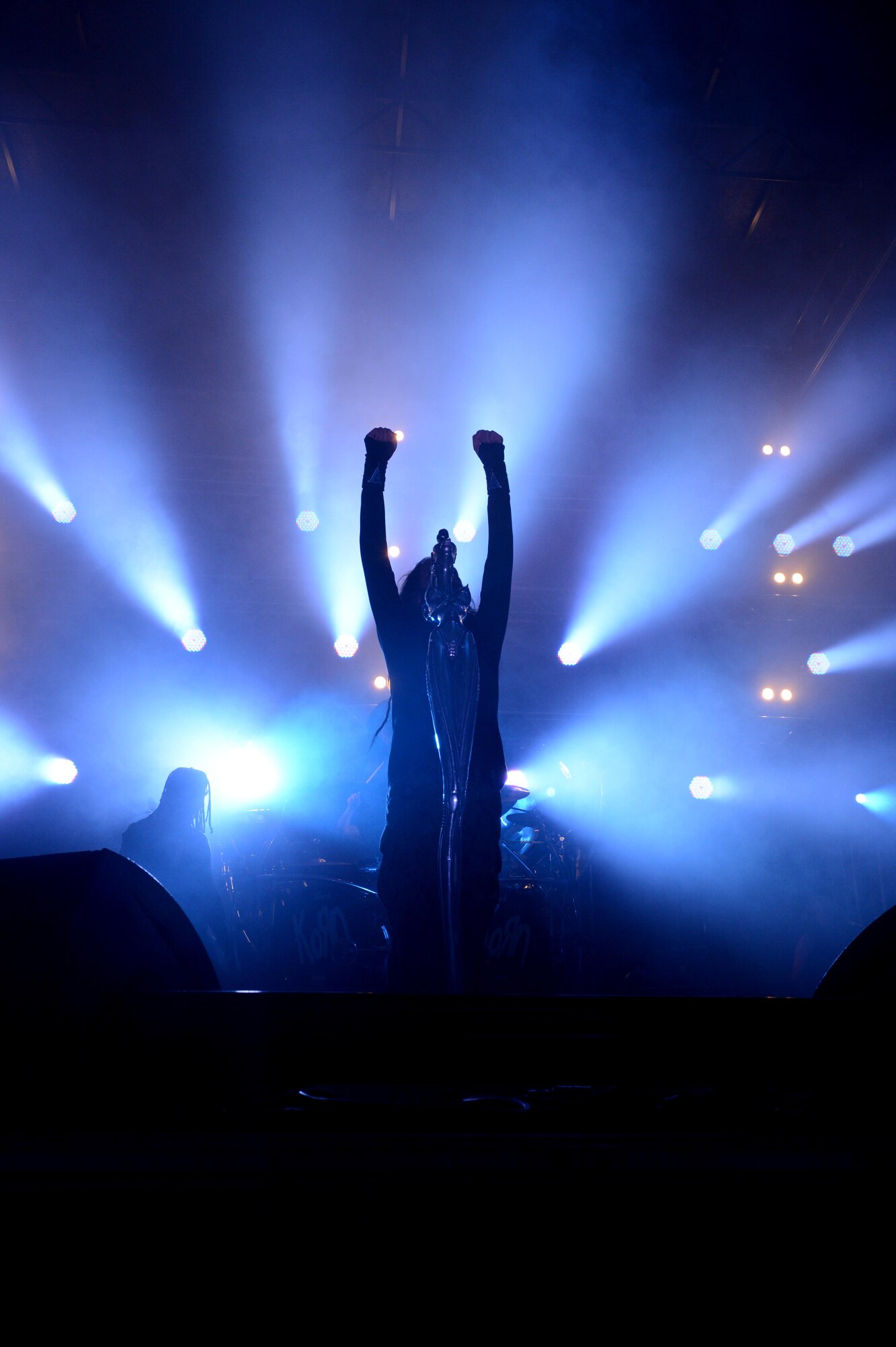 SPANGDAHLEM AIR BASE, Germany – Jonathan Davis throws his hands in the air during a performance July 3, 2013. Korn currently has more than 40 singles and 30 music videos released. (U.S. Air Force photo by Airman 1st Class Kyle Gese/Released)
