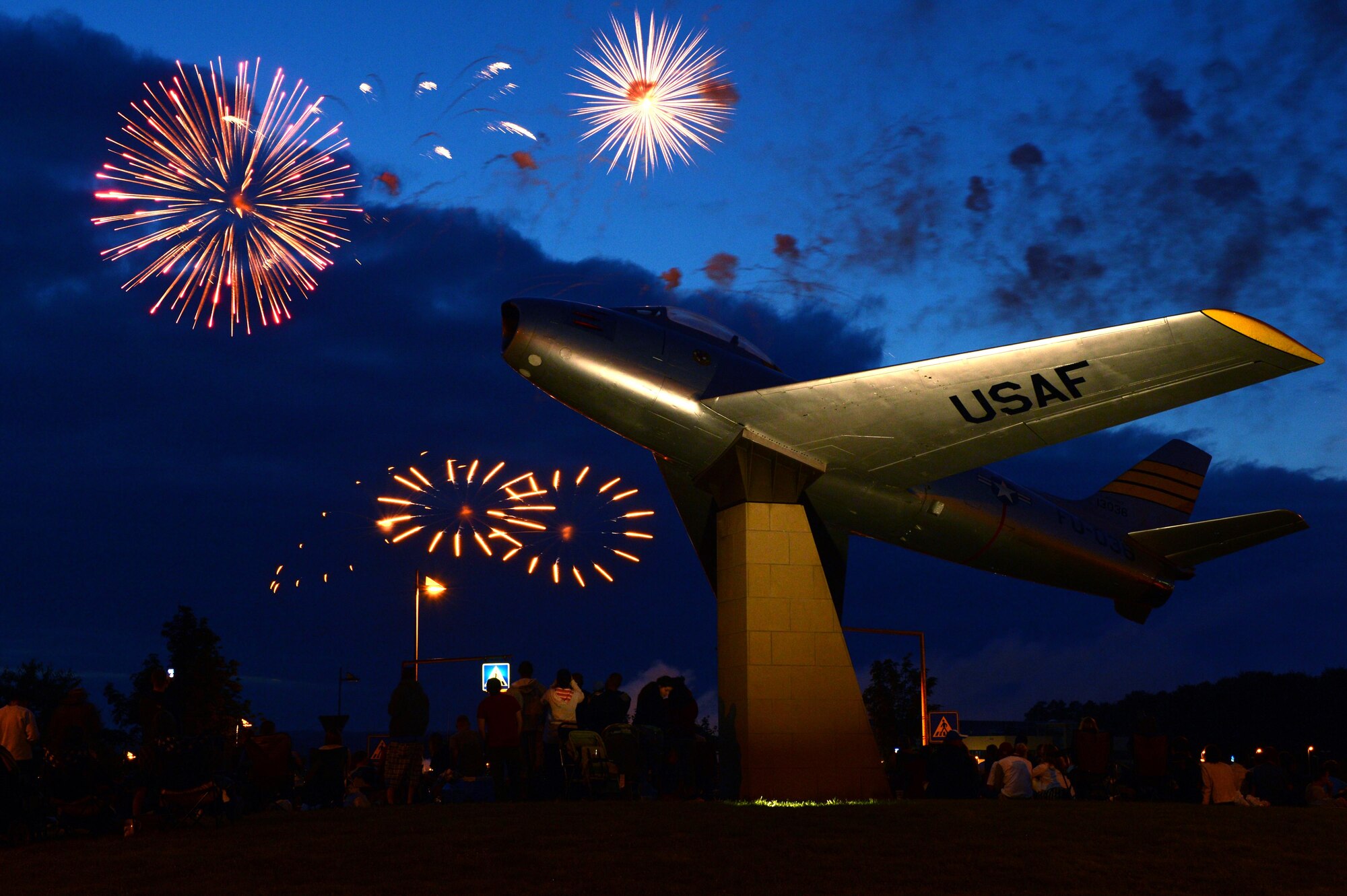 SPANGDAHLEM AIR BASE, Germany – Fireworks explode over Spangdahlem AB July 4, 2013. Community members gather to appreciate Sabers and close out the Super Saber Appreciation Day celebration. (U.S. Air Force photo by Airman 1st Class Kyle Gese/Released)