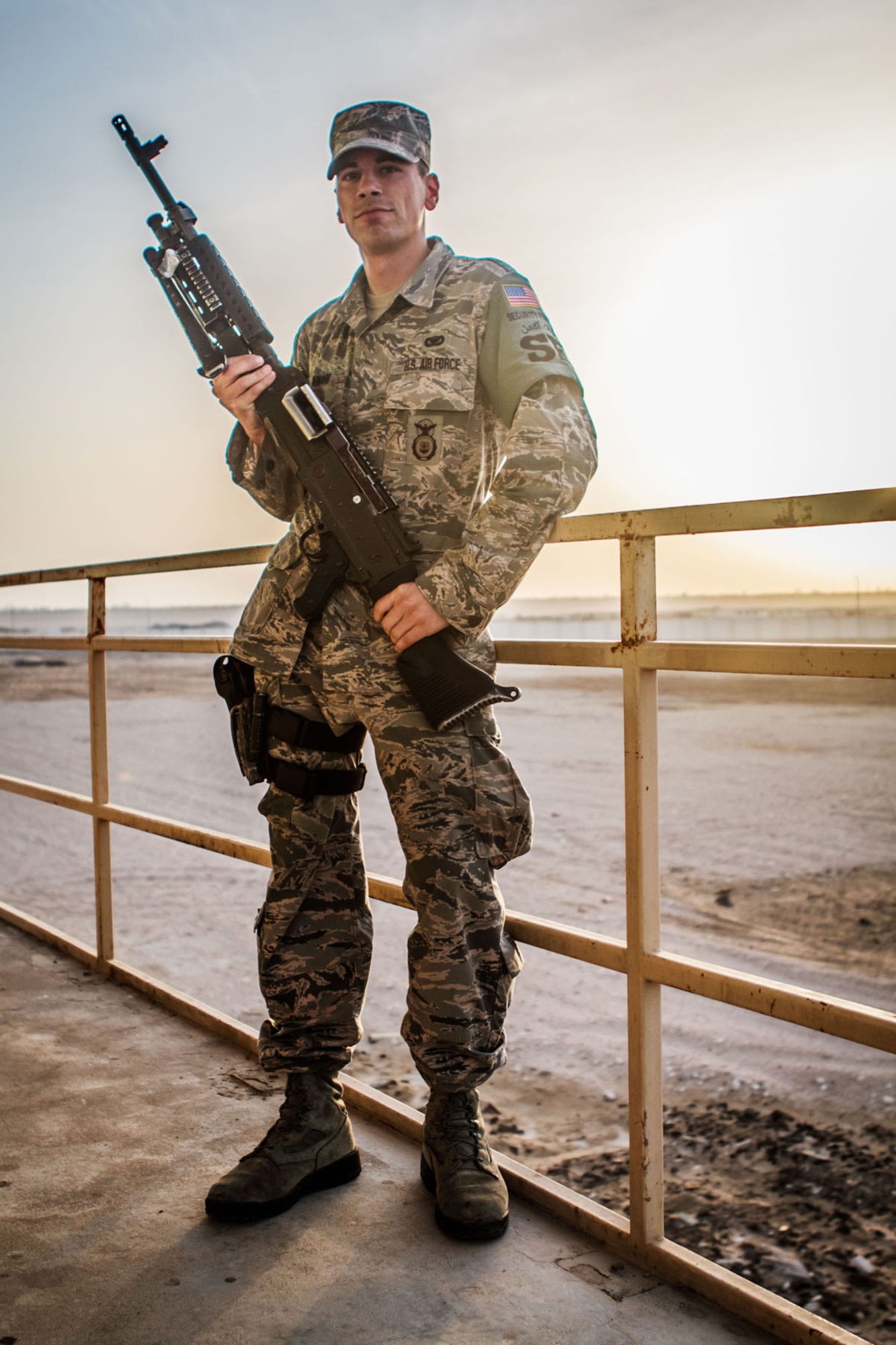 U.S. Air Force Senior Airman Michael Kinard, with the 169th Security Forces Squadron, South Carolina Air National Guard, is photographed while deployed to the 380th Air Expeditionary Wing in Southwest Asia, June 9, 2013.  (U.S. Air Force photo courtesy 380th ESFS/Released)