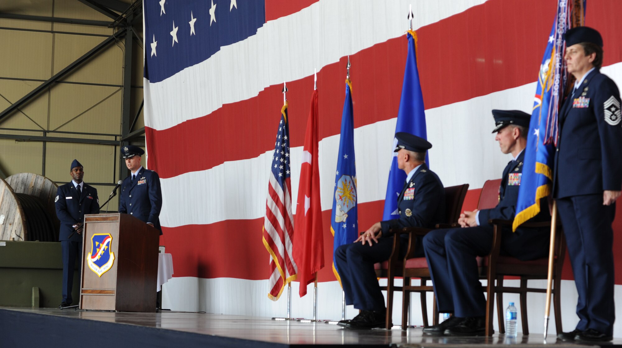Col. Craig Wills, 39th Air Base Wing commander, speaks to Airmen during the wing’s change of command ceremony July 9, 2013, at Incirlik Air Base, Turkey. Members of the 39th ABW bid farewell to Col. Chris Craige and welcomed Wills as their new wing commander. (U.S. Air Force photo by Senior Airman Jarvie Wallace/Released) 