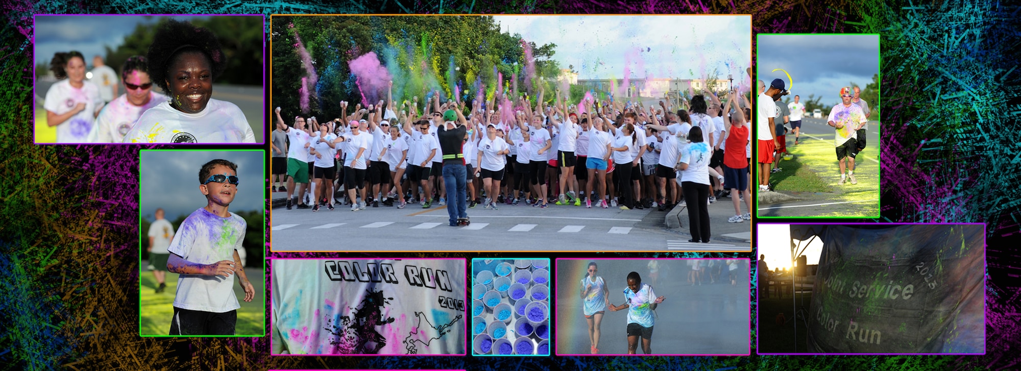 Air Force Sergeants Association chapter 1553 hosted a Joint Service Color Run 2013 on Kadena Air Base, Japan, July 3, 2013. These 5k runs consist of throwing colored powder, which is biodegradable cornstarch, every 1,000 meters while runners run through color stations. More than 400 people registered and 100 people volunteered for the event, and more than $10,000 was raised in support of AFSA-sponsored Prisoners of War/Missing in Action events, scholarships and opportunities to give back to military members and the community. (U.S. Air Force photo by Airman 1st Class Hailey R. Davis/Released)