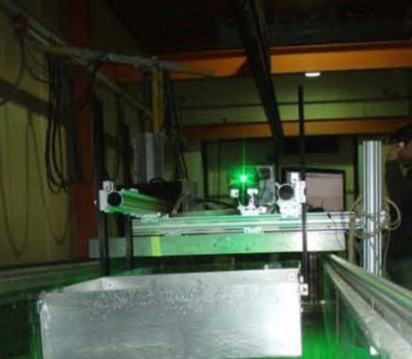 A New York University doctorate student monitors the laser in ERDC Cold Regions Research and Engineering Laboratory’s flume recently, looking at the sea ice and ocean interface. 