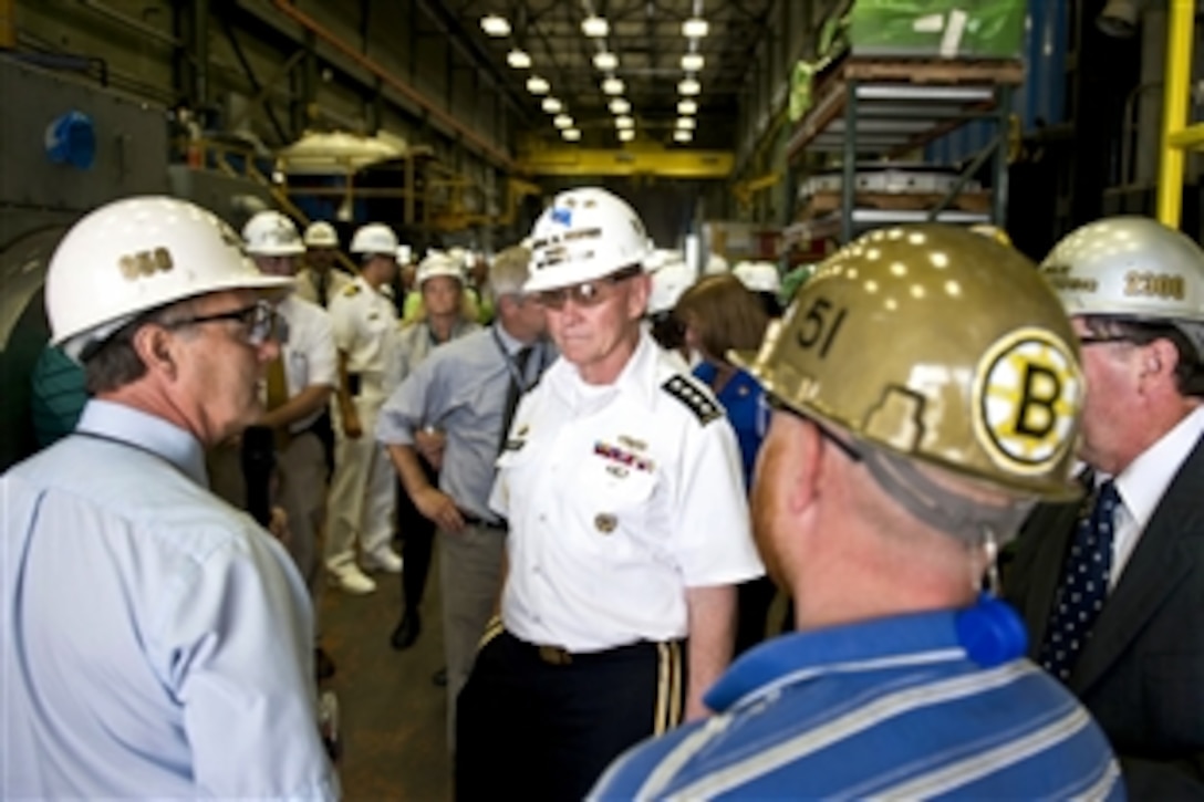 Army Gen. Martin E. Dempsey, chairman of the Joint Chiefs of Staff, tours Portsmouth Naval Shipyard in Kittery, Maine, July 8, 2013. Dempsey met with government and military leaders while also visiting the shipyard's employees.    