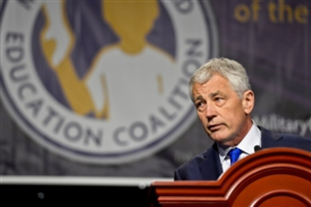 Defense Secretary Chuck Hagel delivers remarks at the Military Child Education Coalition's 15th National Training Seminar in National Harbor, Md., July 9, 2013.