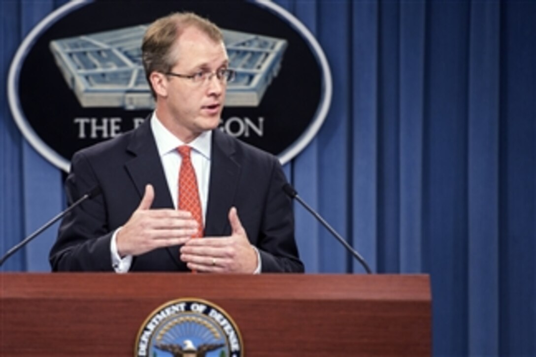 Pentagon Press Secretary George Little answers a reporter’s question during a press briefing at the Pentagon in Arlington, Va., on July 9, 2013.  Little covered a variety of topics such as troop reductions in Afghanistan, the recent missile defense test, and the state of Egypt.  