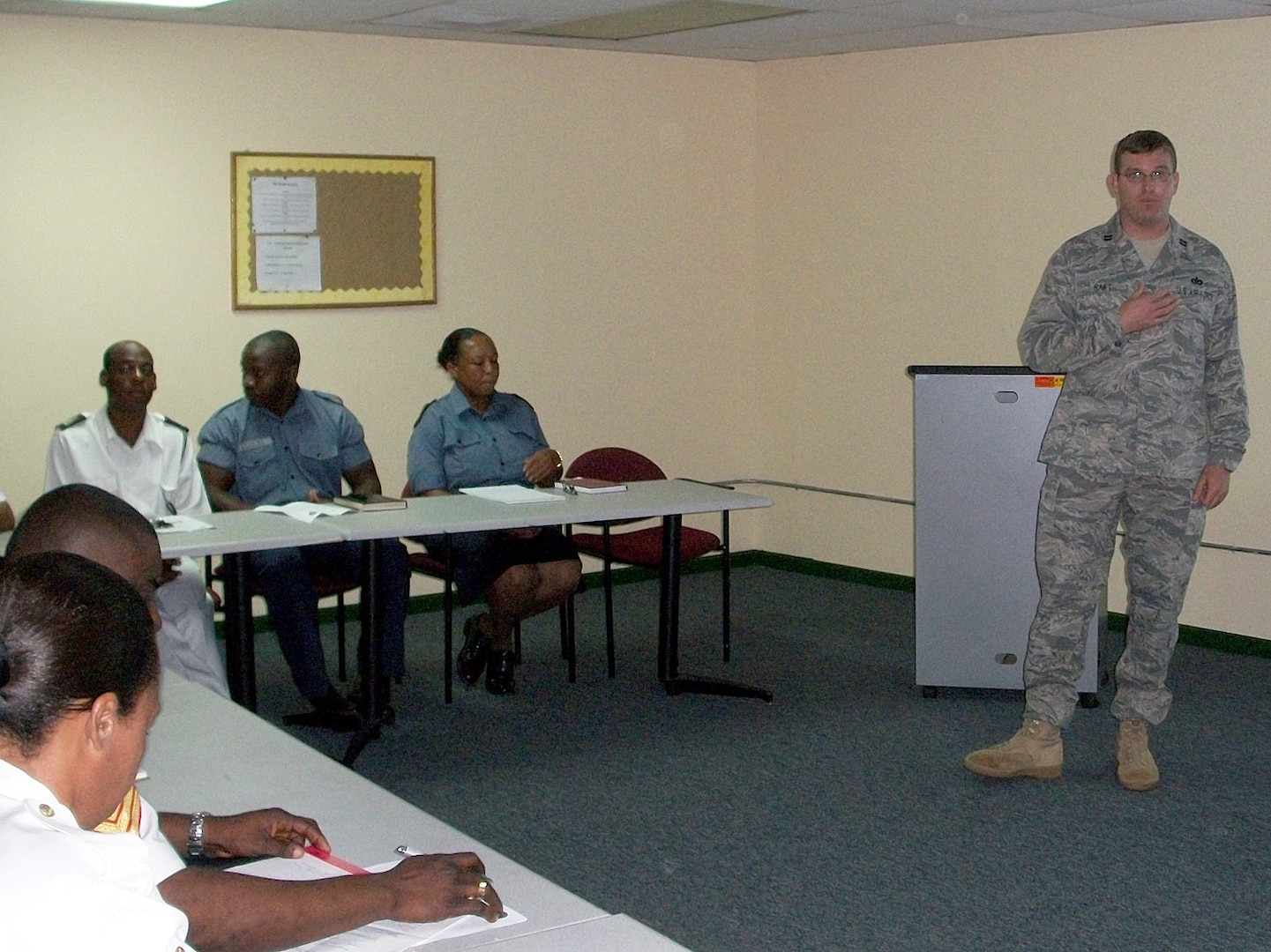 Air Force Capt. Dustin Hart, North American Aerospace Defense Command and U.S. Northern Command Public Affairs officer, gives a briefing on media interview techniques during an information exchange with the Royal Bahamas Defense Force and Bahamian government departments Sept. 7, 2010. USNORTHCOM Public Affairs personnel met with members of the Bahamian government to exchange information on how each office conducts public affairs operations. 

