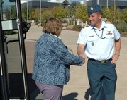 Canadian Col. Pierre Ruel, North American Aerospace Defense Command Training and Exercise Branch, greets members of the National School Board Association as they arrive at the NORAD and U.S. Northern Command headquarters at Peterson Air Force Base Sept. 17. The commands provided a tour for the NSBA members who are in Colorado for their annual western region conference. 

