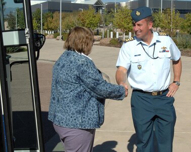 Canadian Col. Pierre Ruel, North American Aerospace Defense Command Training and Exercise Branch, greets members of the National School Board Association as they arrive at the NORAD and U.S. Northern Command headquarters at Peterson Air Force Base Sept. 17. The commands provided a tour for the NSBA members who are in Colorado for their annual western region conference. 

