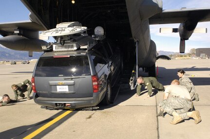 Air crew and loadmasters with the 302nd Air Mobility Wing and members of the U.S. Northern Command Standing Joint Force Headquarters observe closely as the SJFHQ’s Emergency Response Vehicle is loaded onto a C-130 cargo plane for the first time. USNORTHCOM SJFHQ’s mission is to provide Commander, USNORTHCOM with the scalable capability to form the core of a Joint Task Force or to augment multiple organizations in order to anticipate and conduct Homeland Defense and Civil Support missions anywhere in the USNORTHCOM Area of Responsibility during planned or crisis operations. 

