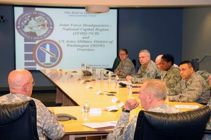 Maj. Gen. Karl R. Horst, Joint Force Headquarters National Capital Region commanding general, provides details of his command's mission and capabilities within the national capital region to National Guard leaders as part of the Contingency Dual Status Commanders' Conference Feb. 1. 
